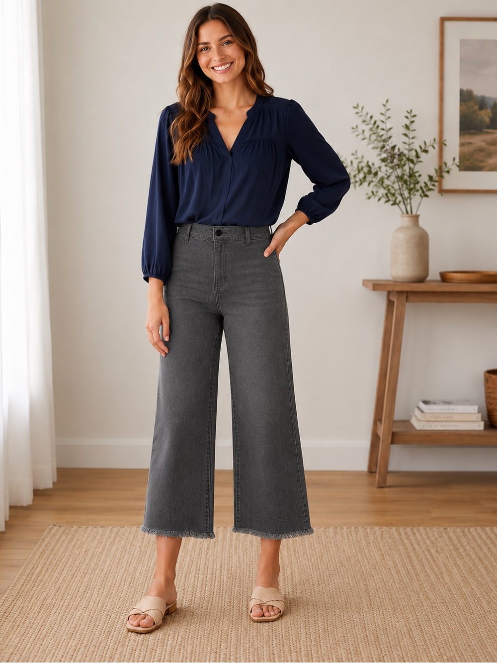 Zenana jeans cropped wide leg with frayed hem size medium